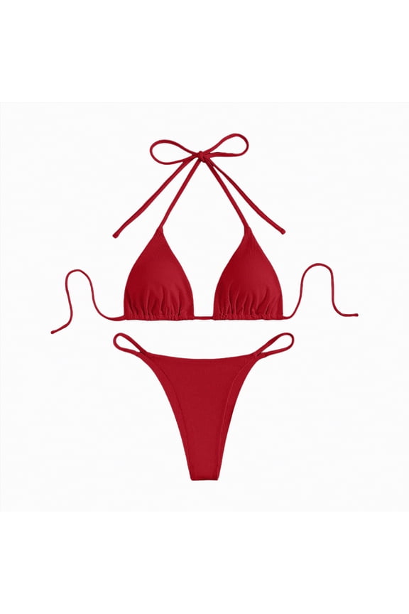 Bikini Set for Women Two Piece Swimsuit V Neck Triangle Top Wide Straps Cross Back Lace up Mid Rise(Red,L)