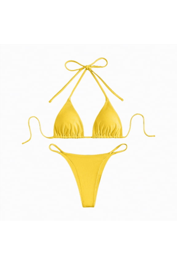 Bikini Set for Women Two Piece Swimsuit V Neck Triangle Top Wide Straps Cross Back Lace up Mid Rise(Yellow,XL)