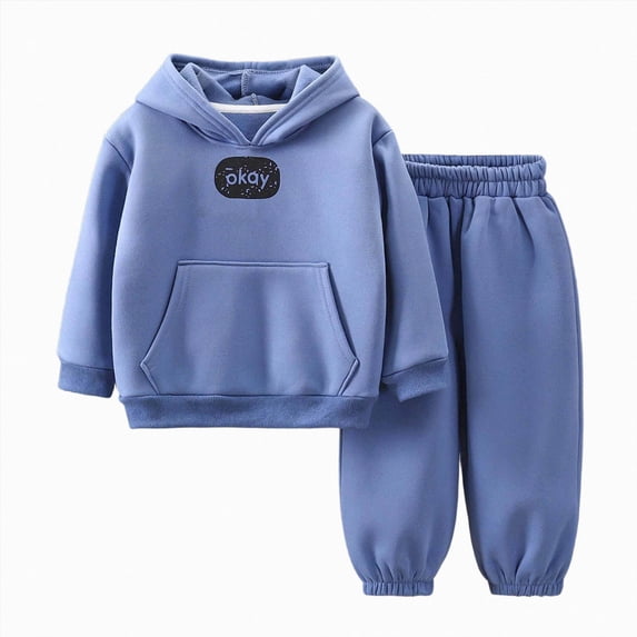 NOLDARES Boy's And Girls 2 Piece Outfits Long Sleeve Hooded and Sweat Pants Pullover Letter Print Tops, Elastic Waistband, Boys Fall Winter Sets(Y158-Blue)