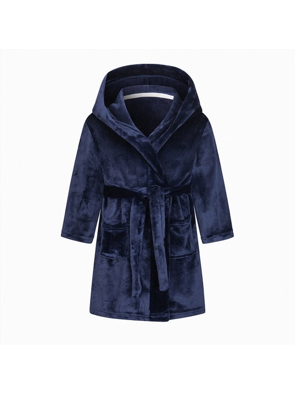 Boys Fleece Robe Girls Hooded Bathrobe Toddlers Soft Fuzzy Robe for Kids,Navy,9-10 Y