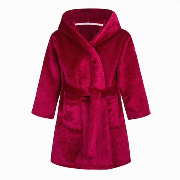 NOLDARES Boys Fleece Robe Girls Hooded Bathrobe Toddlers Soft Fuzzy Robe for Kids,Wine,3-4 Y