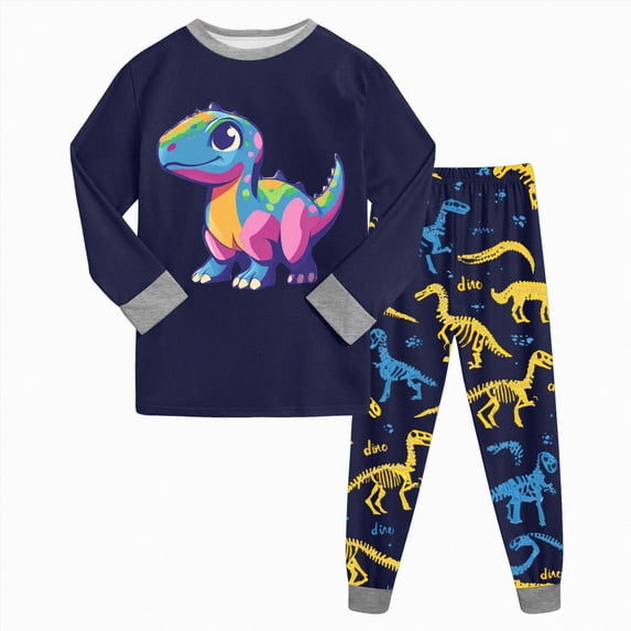 NOLDARES Boys Girls Sleepwear Toddler Kids Baby Boys Girls Pajamas Cartoon Cute Print Long Sleeve Top Trousers Outfits Set(H057-Navy)
