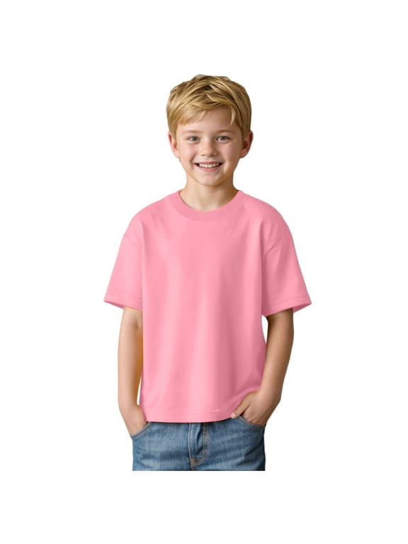 Boys Graphic T-Shirt, Cotton Short Sleeve Crewneck Tee for Active Play, Soft Daily Wear Youth(Light Pink,7-8 Years)