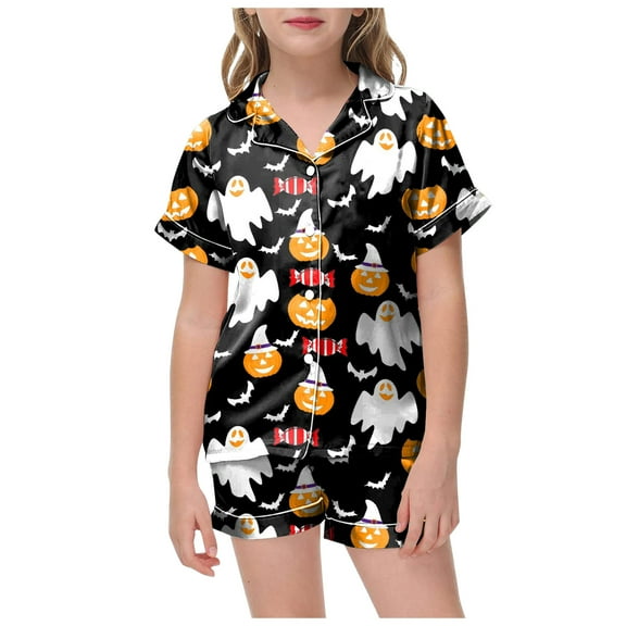 NOLDARES Boys Silk Pajamas Set Kids Halloween Pajamas Cute Pumpkin Print Short Sleeve Button Up Shirts Comfy Kids Girls Pajama(Black,4-5 Years)