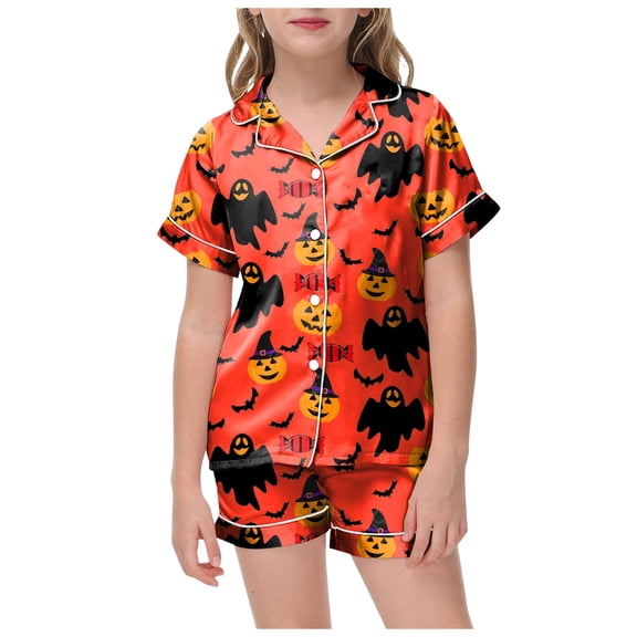 NOLDARES Boys Silk Pajamas Set Kids Halloween Pajamas Cute Pumpkin Print Short Sleeve Button Up Shirts Comfy Kids Girls Pajama(Red,6-7 Years)