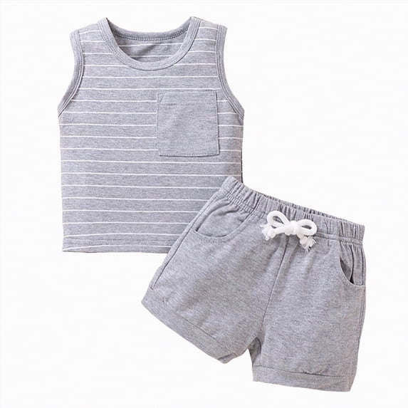 NOLDARES Boys Summer Clothes 2Pcs Outfits Cotton Sleeveless Tank Top and Elastic Shorts Casual Play Set 2T-6T Grey,1-2 Y