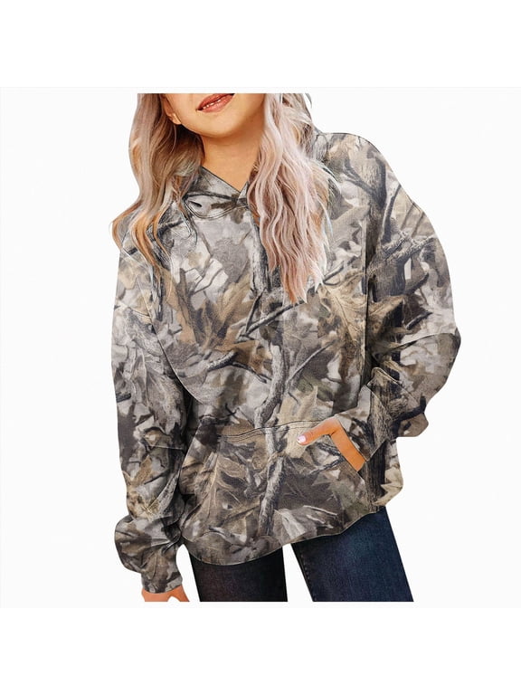 Camo Hoodie Kids Cute Hoodies Maple Leaf Print Oversized Drop Shoulder Fleece Hooded Cute Hoodies for Teen Girls Boys(N032-Bronze)