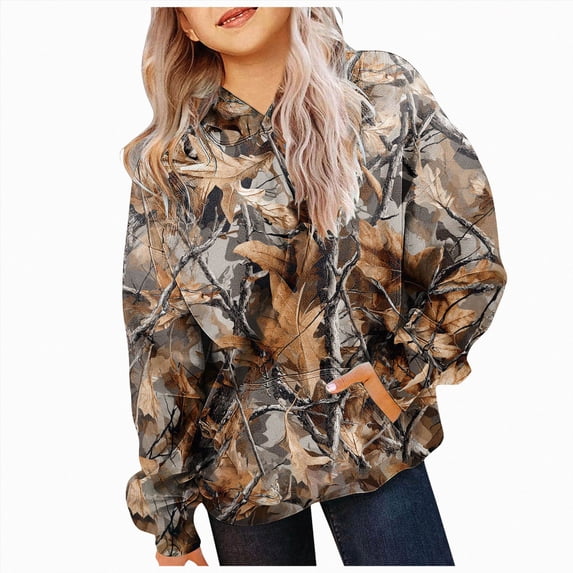 NOLDARES Camo Hoodies for Kids Boys Girls Maple Leaf Print Oversized Drop Shoulder Hooded Sweatshirt Pullover With Pocket Streetwear(N033-Gold)