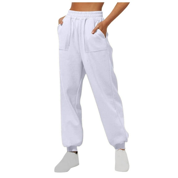 NOLDARES Casual Joggers for Women Fleece Elastic High Waisted Yoga Sweatpants Baggy Comfy Lounge Pants with Pockets(White,XL)