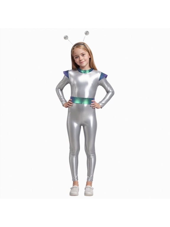 Child Metallic Alien Hooded Full Body Jumpsuits for halloween Robot Theme Party (White,4-5 Years)