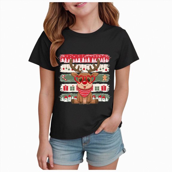 NOLDARES Christmas Crew Neck Shirts for Girls Boys Xmas Shirt Top Short Sleeve Christmas Elk Print Graphic T Shirt Holiday Tees,Size 5-6 Y