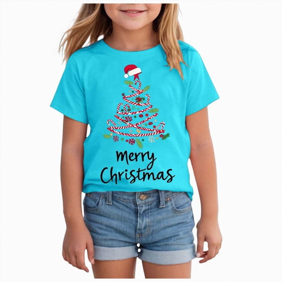 NOLDARES Christmas Shirts Girl Cotton Short Sleeve Tshirts Santa Xmas Tree Bow Graphic Tees,A610-Light Blue