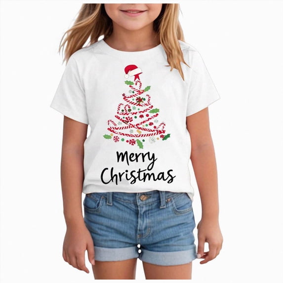 NOLDARES Christmas Shirts Girl Cotton Short Sleeve Tshirts Santa Xmas Tree Bow Graphic Tees,A610-White