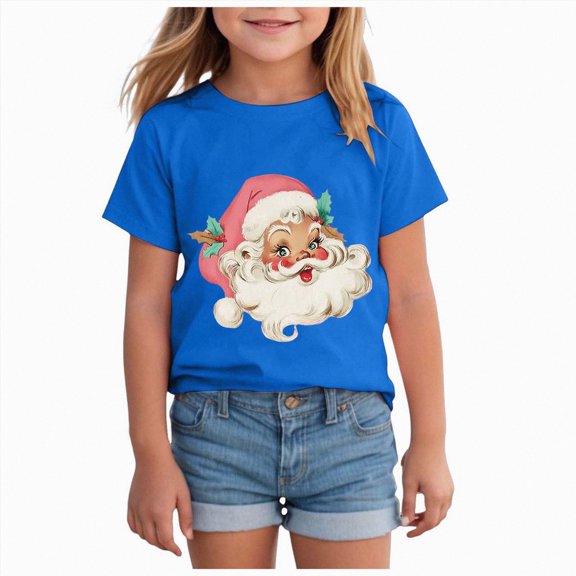 NOLDARES Christmas Shirts Girl Graphic Print Claus Tshirts Cotton Short Sleeve Tees Holiday Outfit,A611-Blue