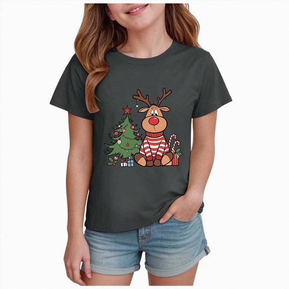 NOLDARES Christmas Shirts for Girl Merry Christmas Short Sleeve Tshirt Christmas Tree Holiday Tops,A635-Grey