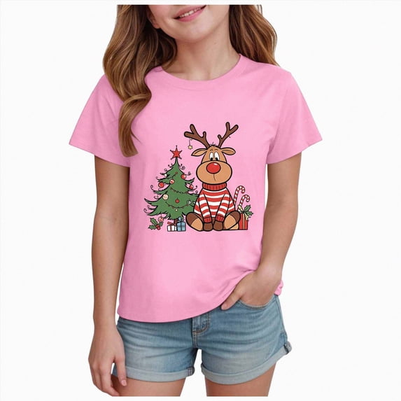 NOLDARES Christmas Shirts for Girl Merry Christmas Short Sleeve Tshirt Christmas Tree Holiday Tops,A635-Pink