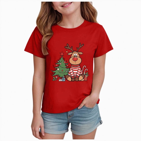 NOLDARES Christmas Shirts for Girl Merry Christmas Short Sleeve Tshirt Christmas Tree Holiday Tops,A635-Red
