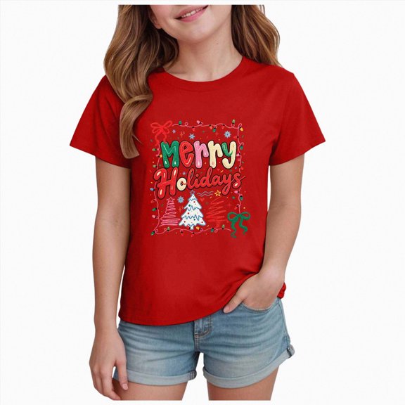 NOLDARES Christmas Shirts for Girls Xmas Santa Graphic Tshirts Cotton Short Sleeve Merry Holidays Print Tee,A647-Red