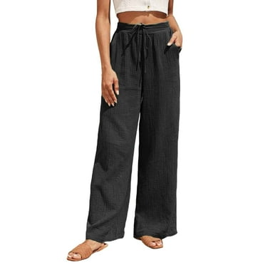 NOLDARES Cotton Linen Pants Womens Casual Long Trousers Lightweight High Waist Fall Pant Straight Leg Trouser Drawstring(Black,XS)