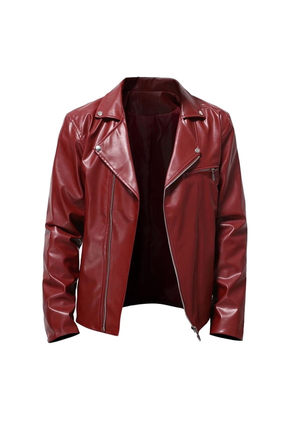 Fall Men Leather Zip Up Jacket Stand Collar Leather Motorcycle Jacket Lightweight Bomber Outwear PU Coat with Pockets(Z07-Red,XL)