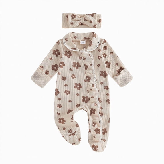 NOLDARES Floral Romper,Vintage Infant Jumpsuit,Bow Headband,Baby Girl Clothes Newborn Fall/Winter,A1112-Beige