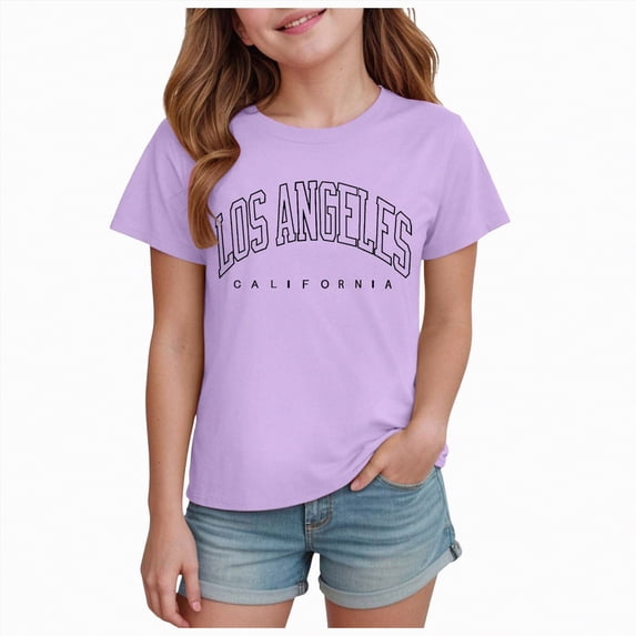 NOLDARES Girl's Graphic Crew Neck T Shirt Short Sleeve Casual Cute Tee Top(Light Purple,5-6 Years)