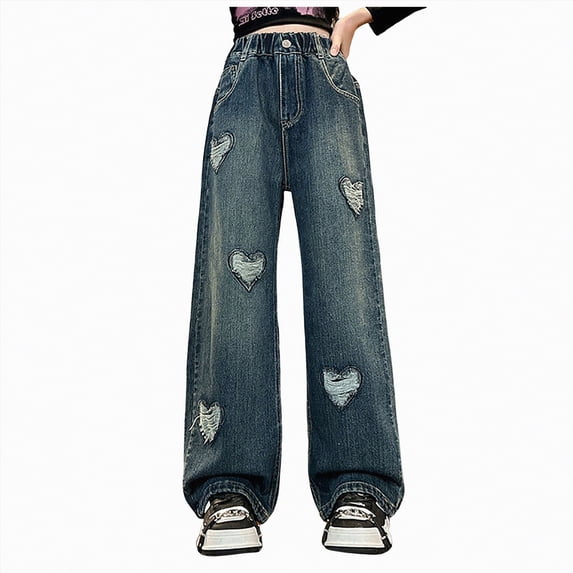 NOLDARES Girl's Jeans Baggy Wide Straight Leg High Elastic Waisted Denim Pants Kid 7-14Y with Streetwear(Blue,6-7 Years)