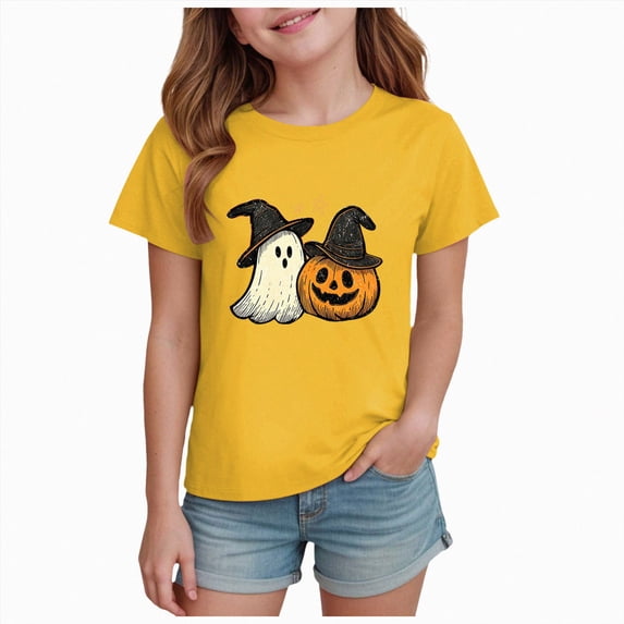NOLDARES Girl's V-Neck Graphic Tees Casual Cute Short Sleeve Summer Fall Basic T-Shirt Tops(Yellow,7-8 Years)