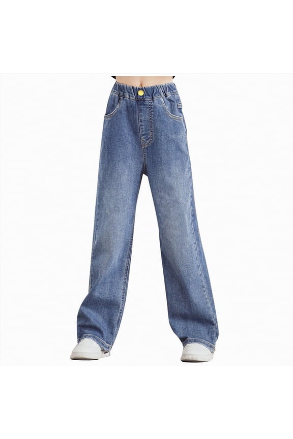 Girl's Zipper Fly Elastic High Waist Denim Pants Basic Wide Leg Jeans(Blue,10-11 Years)