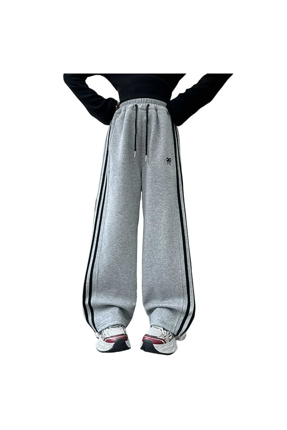 Girls Baggy Sweatpants Bow Stripe Drawstring Wide Leg Sweat Pants Casual Loose Athletic Joggers Clothes with Pockets(Grey,8-9 Years)