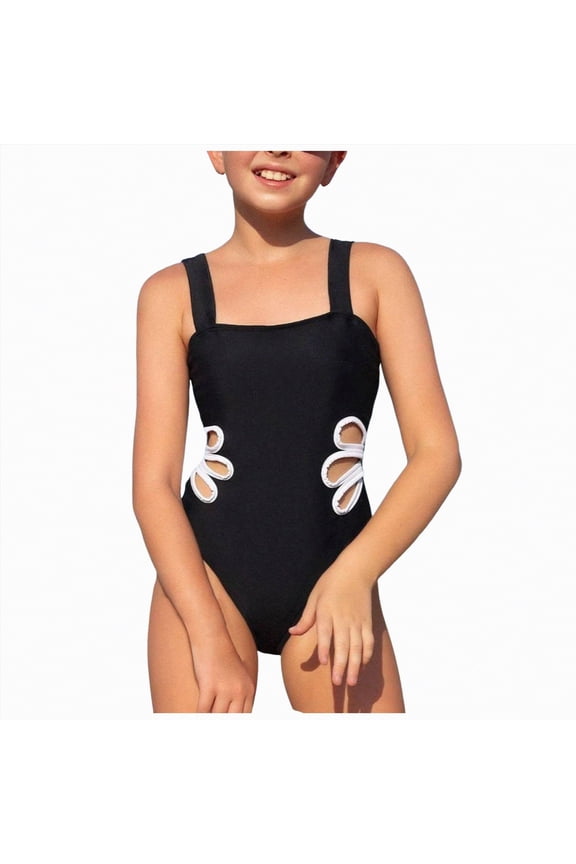 Girls Bow Front Floral One Piece Swimsuit Ruffled Sweetheart Neck Bathing Suit(Black,10Y)