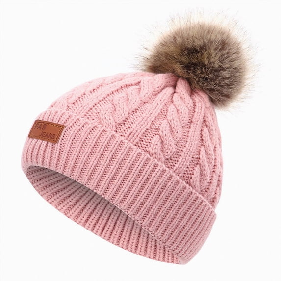 NOLDARES Girls Boys Winter Hat Children's Warm Knitted Earflaps Beanie with Pom Pom Thicken Fleece Lining Cap for Kids(K166-Pink)