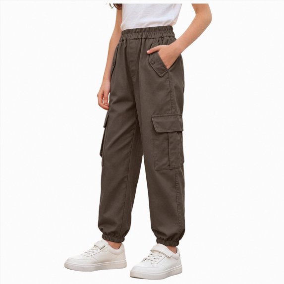 NOLDARES Girls Cargo Pants Wide Leg Streetwear Kids Pants with Pockets Trendy Jogger Trousers(Coffee,7-8 Y)