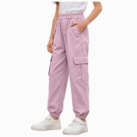 NOLDARES Girls Cargo Pants Wide Leg Streetwear Kids Pants with Pockets Trendy Jogger Trousers(Pink,7-8 Y)