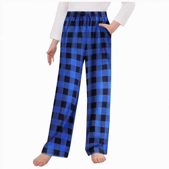 NOLDARES Girls Checkered Pants Wide Leg Kid Drawstring Baggy Sweatpant Elastic Waist Straight Trouser with Pocket(Blue,10-11 Years)