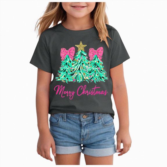 NOLDARES Girls Christmas Tree Shirt Toddler Christmas Shirt Santa Tees Xmas Short Sleeve Funny Graphic Tops,A614-Grey