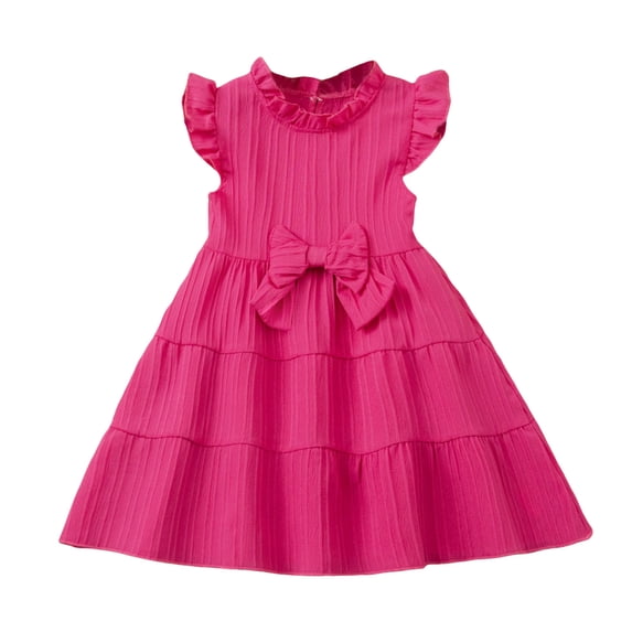 NOLDARES Girls Dress Casual Color Ruffle Bow Sleeveless Cute Girls Outfit with Back Elastic String for Holiday Daily(Hot Pink,8-9 Years)