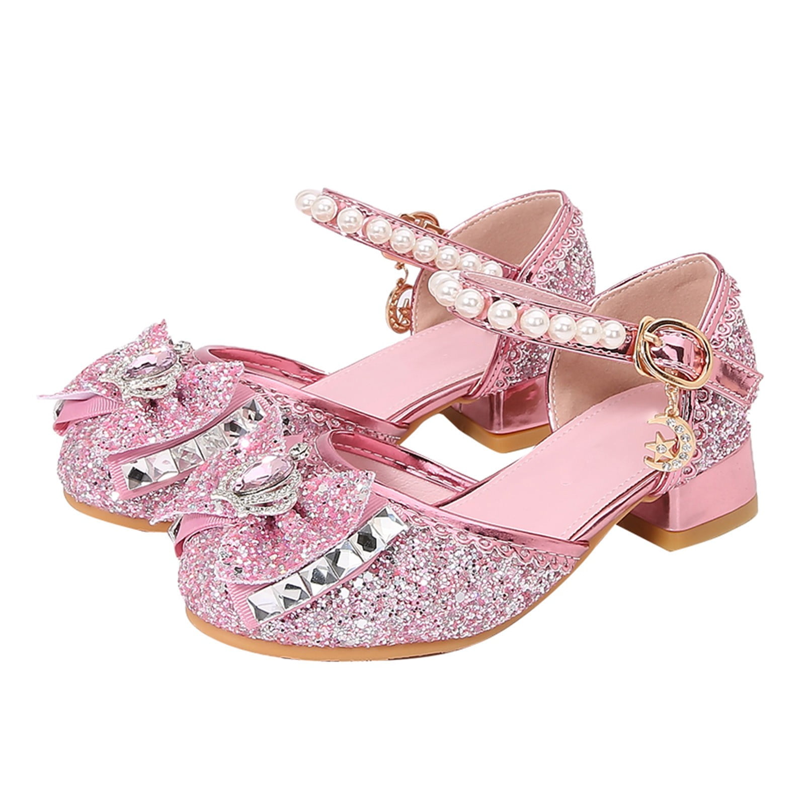 Girls' Glitter Mary Jane Shoes | Princess Costume Party Dress Shoes With Bow | Velcro Strap