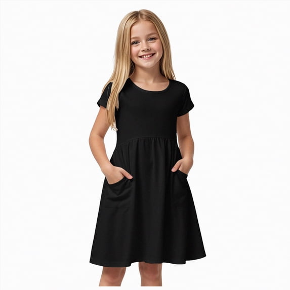 NOLDARES Girls Dresses Summer Short Sleeve Clothes School Outfits for Kids 2-12 Years(Black,9-10 Years)