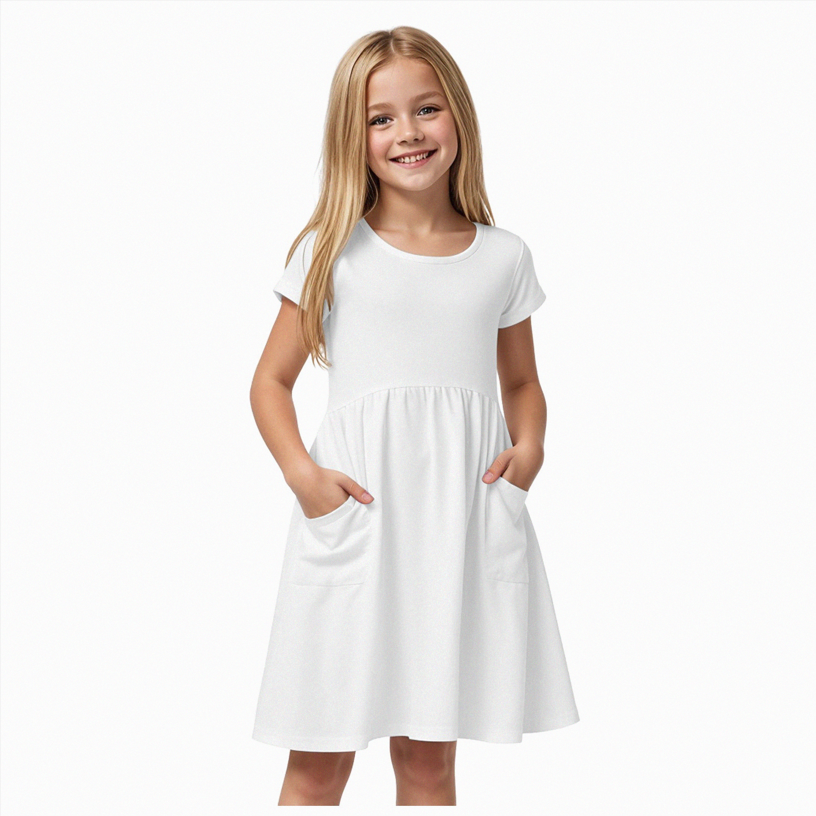 Girls Dresses Summer Short Sleeve Clothes School Outfits for Kids 2-12 Years(White,5-6 Years)