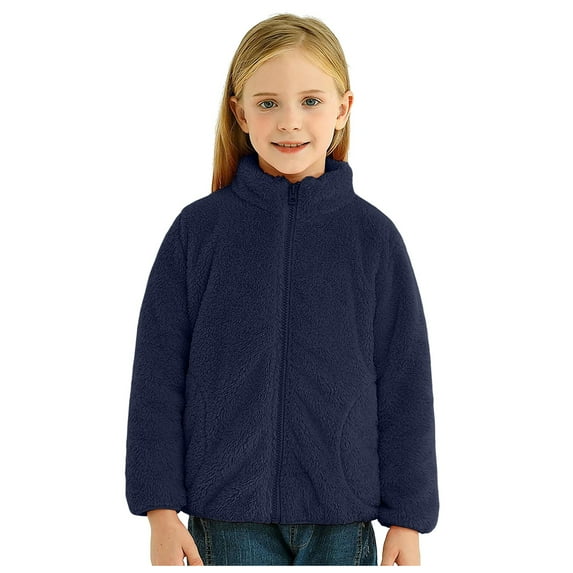 NOLDARES Girls Fleece Jacket Kids Winter Sherpa Coat Lightweight Long Sleeve Full-Zip Outwear Coat Fall Winter(Navy,4-5 Years)