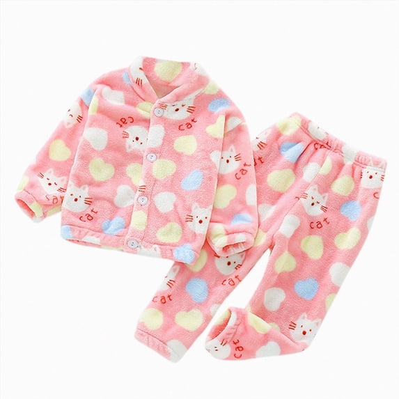NOLDARES Girls Fleece Pajamas Long Sleeve Flannel Button Down Sleepwear Kids Soft Fuzzy 2 Pieces Pjs Loungewear Sets(K023-Pink)