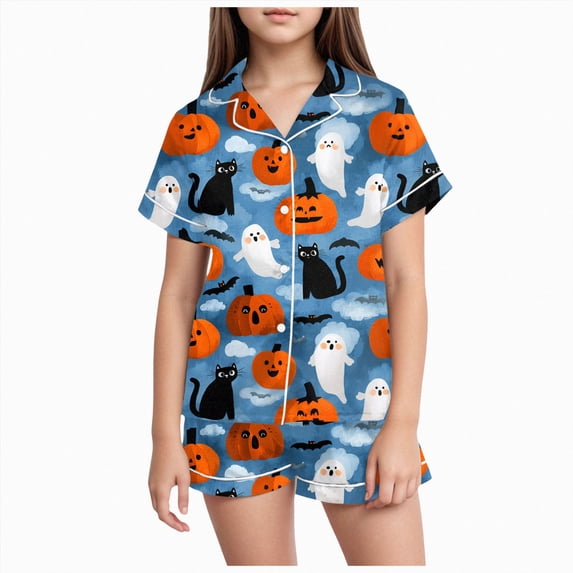 NOLDARES Girls Halloween 2PCS Pajama Sets Button Down Short Sleeve with Shorts Sleepwear Fall Winter Cute Lounge Outfit Sets for Teens,Sky Blue,8-9 Y