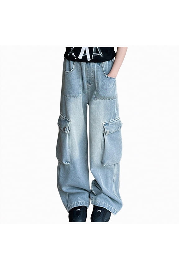 Girls High Wasited Jeans Wide Leg Straight Solid Baggy Denim Pants Cute Loose Fit Denim Trousers(Blue,10-11 Years)