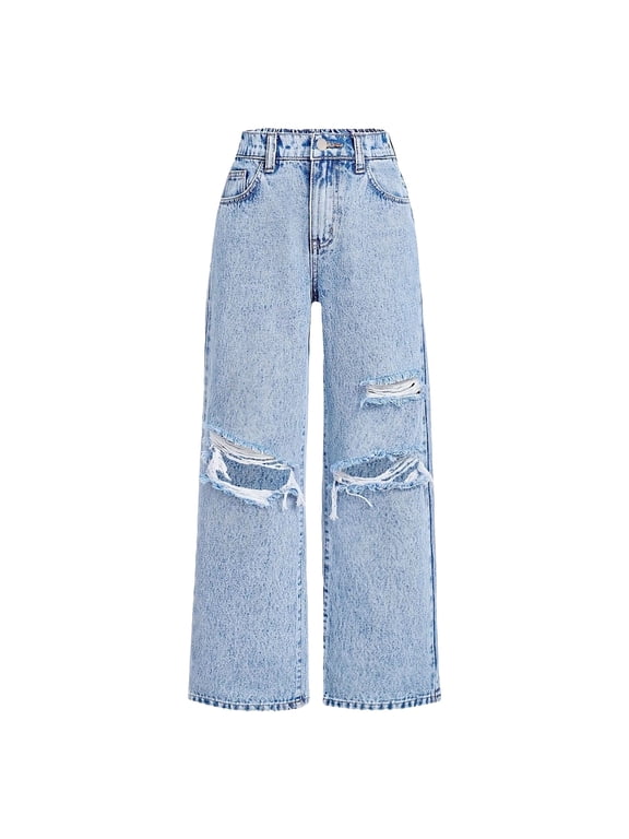 Girls Jeans Baggy Wide Leg Ripped Teen Denim Pants Junior Mid Rise Elastic Band with Pockets Casual Clothes(Light Blue,13-14 Years)