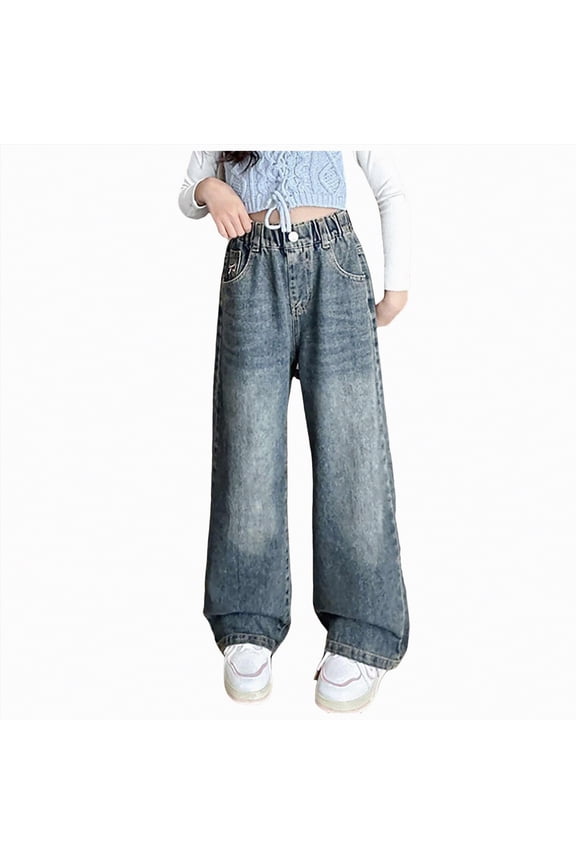 Girls Jeans High Waisted Flare Pants Casual Stretch Demin Pants with Pockets Skater Streetwear(Dark Blue,4-5 Years)