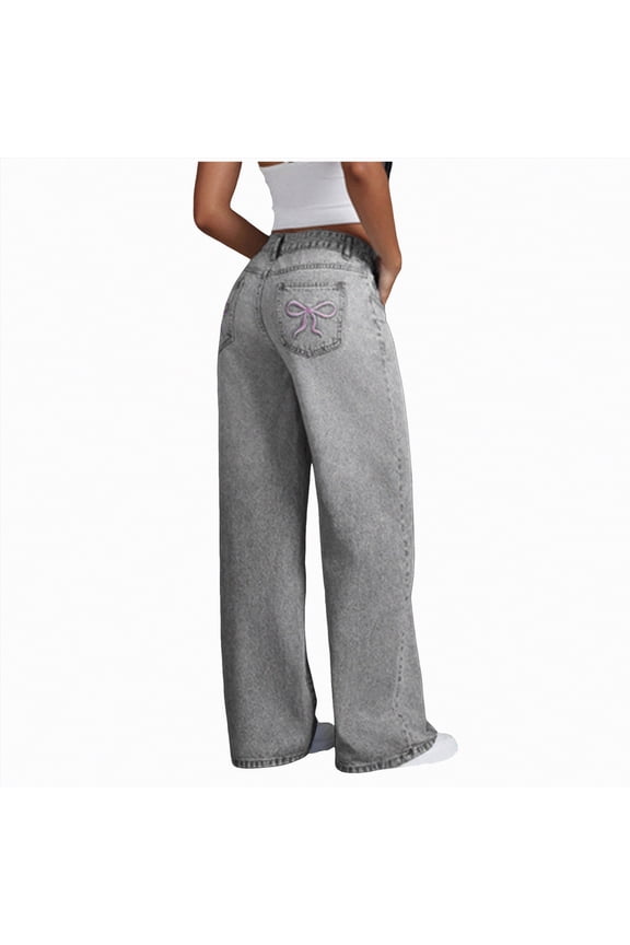 Girls Jeans Pants Wide Leg/Skinny Denim Pant Ripped High Waist Elastic Band Casual with Pockets Kids(Grey,13-14 Years)