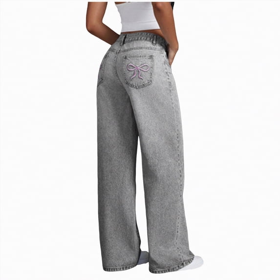 NOLDARES Girls Jeans Pants Wide Leg/Skinny Denim Pant Ripped High Waist Elastic Band Casual with Pockets Kids(Grey,9-10 Years)