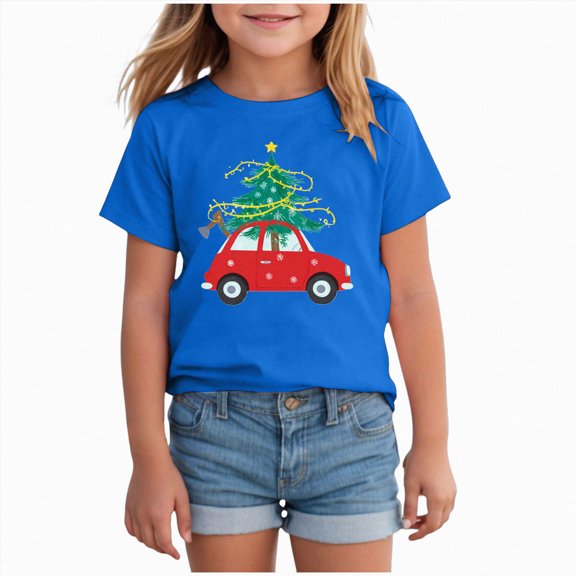 NOLDARES Girls Kids Merry Christmas Shirt Funny Xmas Graphic Short Sleeve Tee Holiday Casual Family Party Matching Tops,A602-Blue