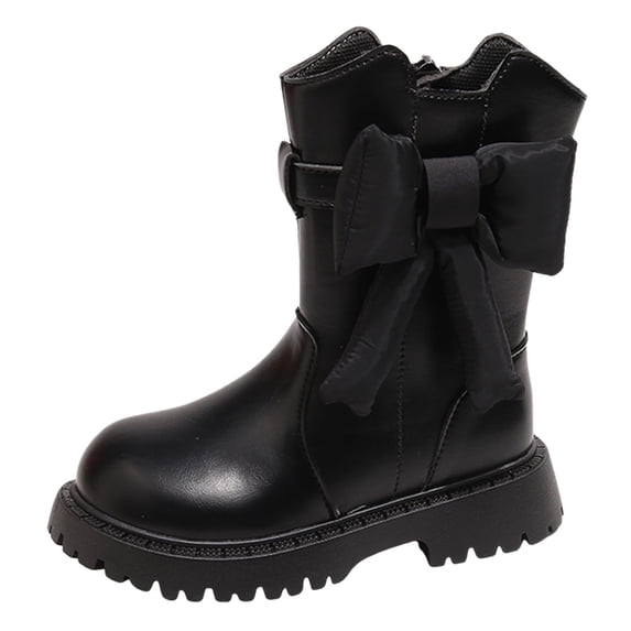 NOLDARES Girls Mid Calf Boots Cute Round Toe Bow Zipper Riding Boots for Toddlers Little Kids Big Kids W225-Black